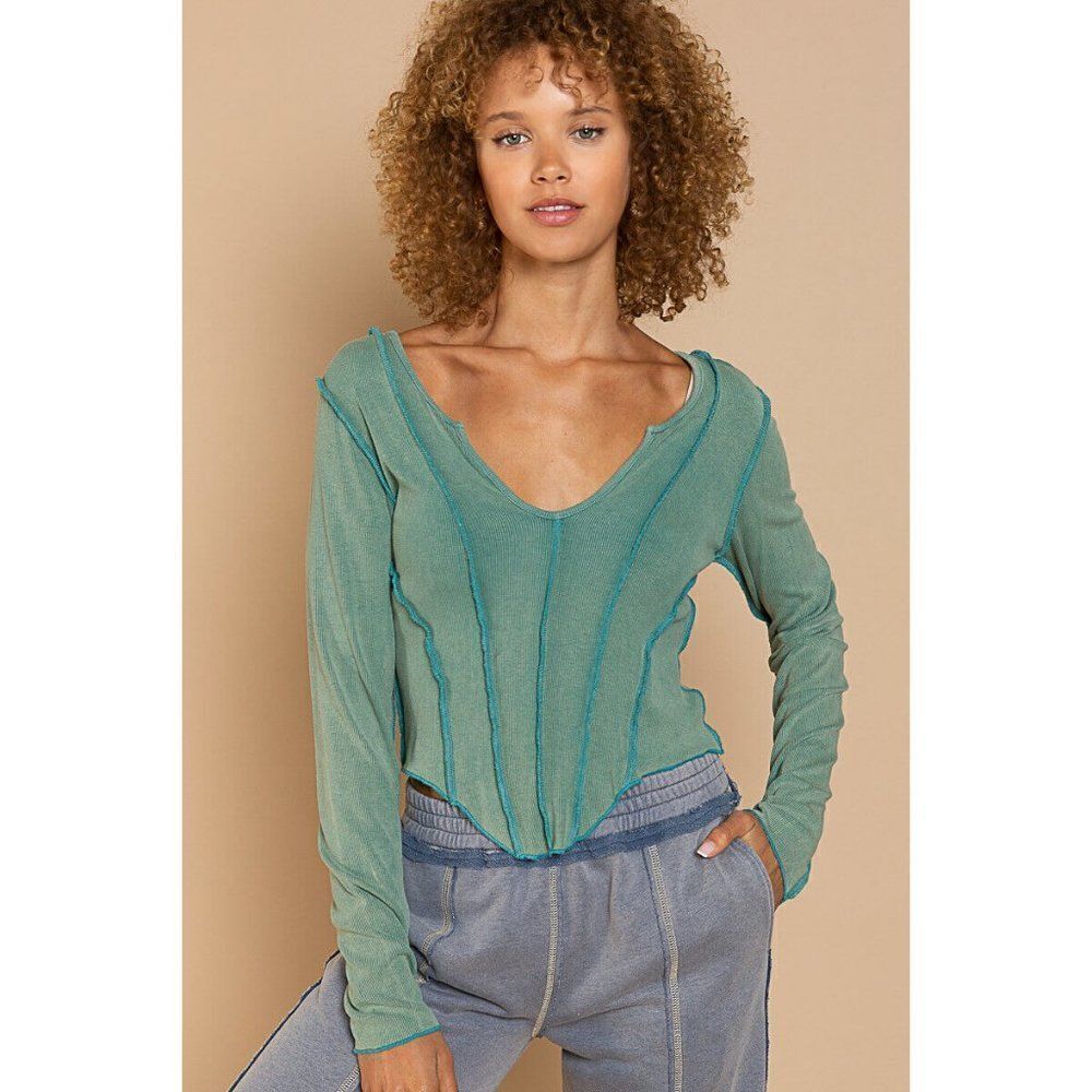 SALE! POL CLOTHING Women's V Neck Teal Crop Top Long Sleeve Lettuce Edge YKT545